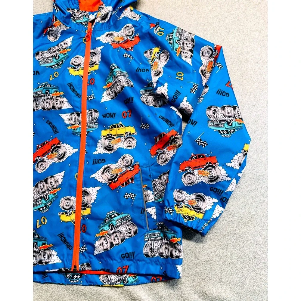L&D Monster Truck Windbreaker Kids Medium 8-10 Blue Hooded Racing Jacket School